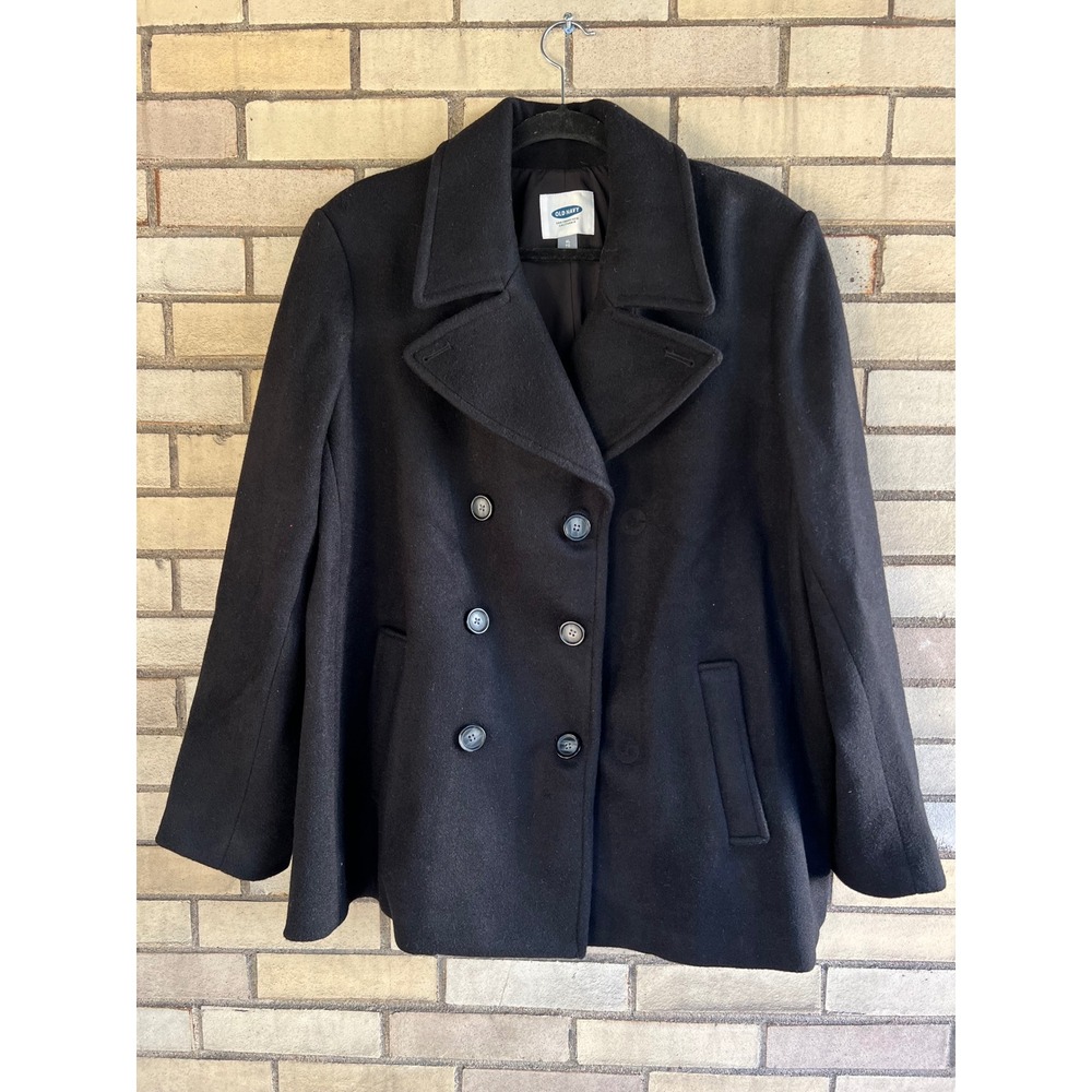 Old Navy Black Wool Blend Double Breasted Pea Coat Jacket Size XL